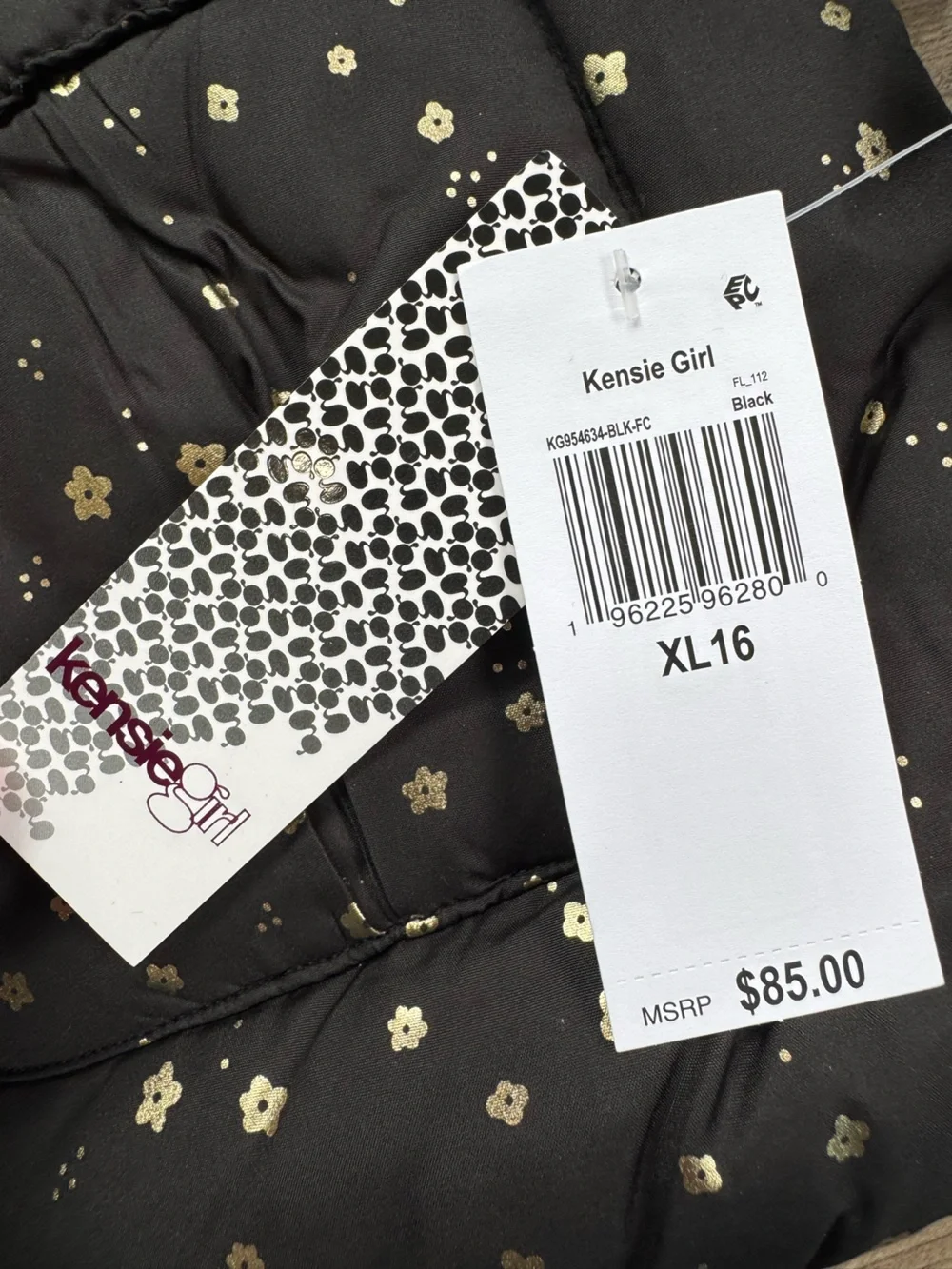 Kensie Girl puffer jacket winter coat size XL 16 Black gold floral print hood